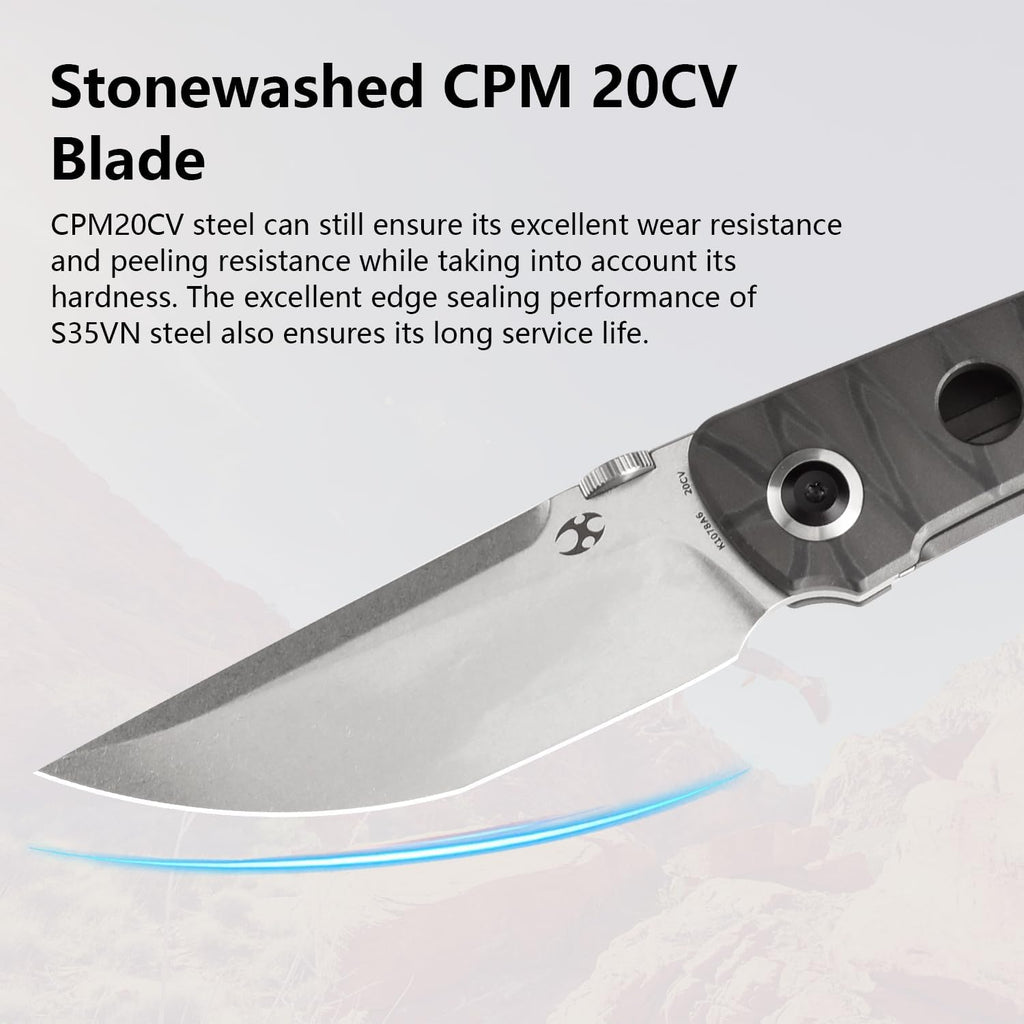 KANSEPT Tarkin Camping Pocket Knives for Men 7.87in Folding Pocket Knives with 3.42in CPM 20CV Material and Tiger Stripe Flamed Titanium with Holes Handle for Outdoor, Tactical, Survival K1078A6