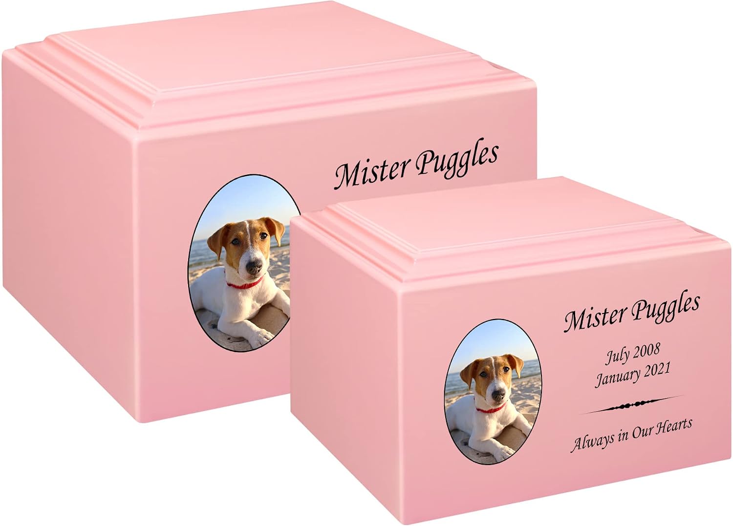Mainely Urns Stonewood Large Custom Pet Photo Cremation Urn for Pet Ashes - Engineered Wood Cremation Urn for Dog Ashes or Cat Ashes - 280 Cubic Inch Capacity - Customization Included (Pink)