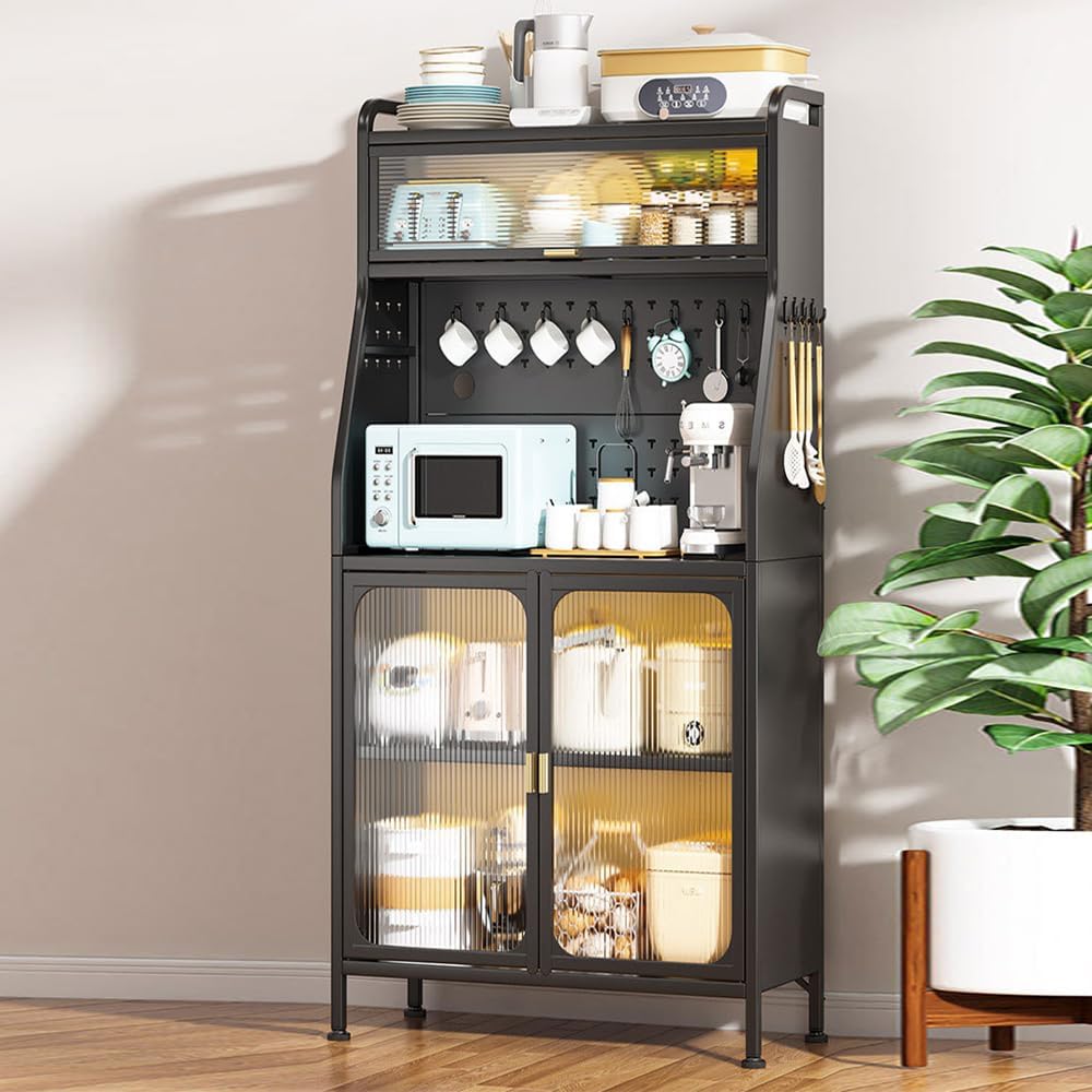 Kitchen Storage Cabinet, 5-Tier Microwave Stand, Kitchen Storage Shelf Rack, Metal Utility Storage Shelf, Standing Bakers Rack with Door Cabinet,Black