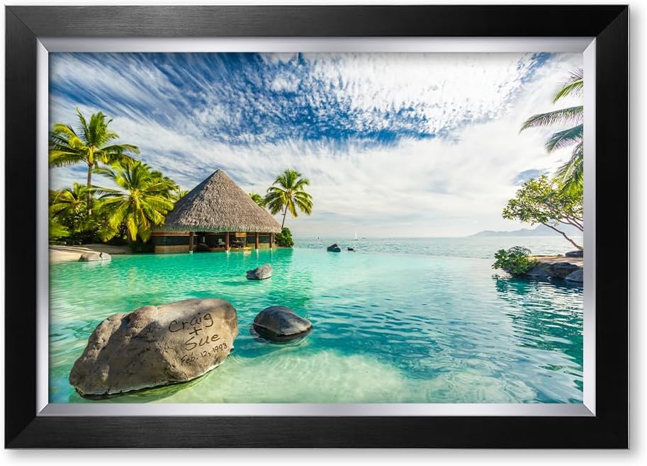 IPIC - 'Tropical Memories Personalized Framed Wall Art, Custom Beach Canvas Print with Name and Date on Rock, A Personalized Gift for Couple, Wedding, or Anniversary, Coastal Home Decor