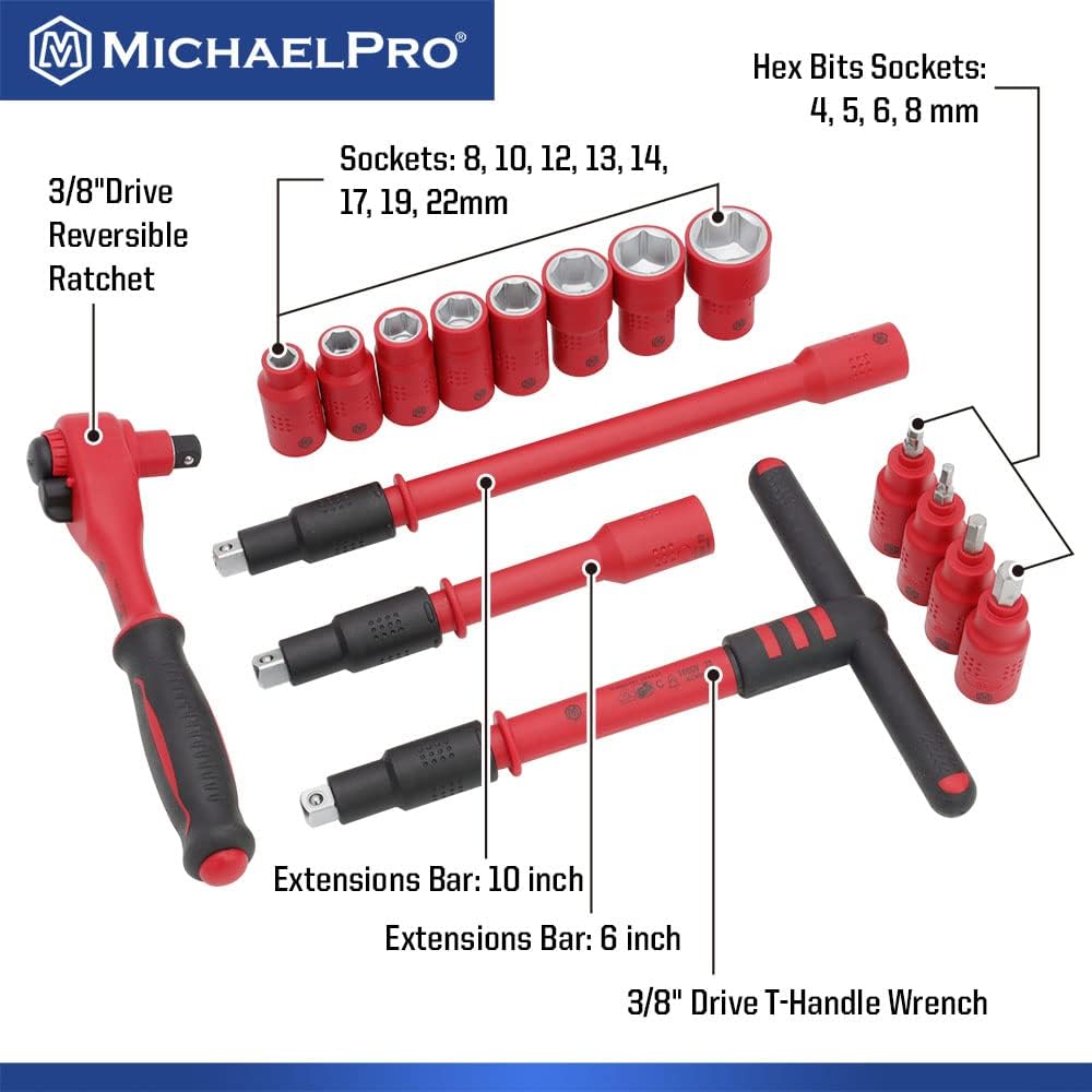 MichaelPro 16-Piece 3/8' Drive VDE Insulated Tools Set with Sockets, Bits Sockets, Wrenches, Ratchet, Electrical Tools | MP005047