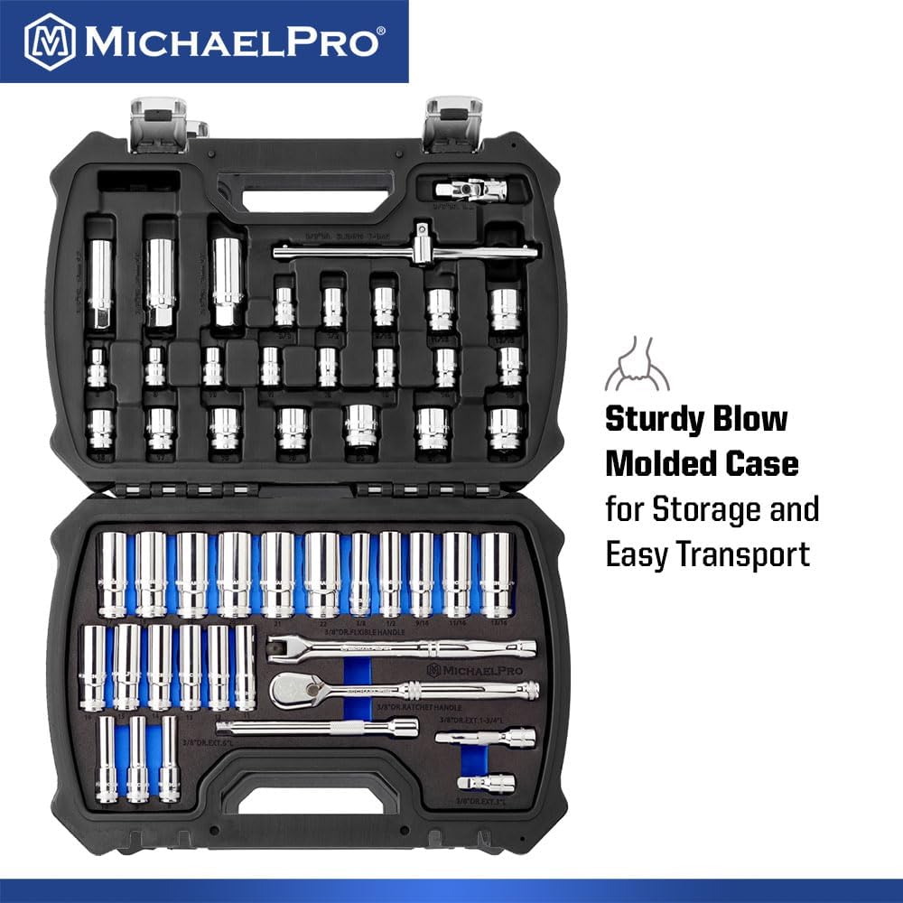 MichaelPro 62-Piece 1/4'' Dr. Socket Set, 90-Tooth Standard & Deep Sockets, SAE 3/16''-1/2'' & Metric 4-12mm, CR-V Steel, 6-Point Design, with Ratchet, Extensions, Spinner Handle, 1/4' Bits | MP005059