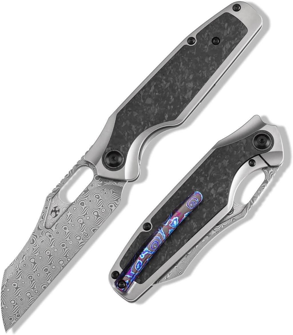 KANSEPT Tuckamore Camping Pocket Knives for Men 8.12in Folding Pocket Knives with 3.54in Damascus Material and Titanium Shred Carbon Fiber Timascus Clip Handle for Outdoor, Tactical, Survival K1052A5