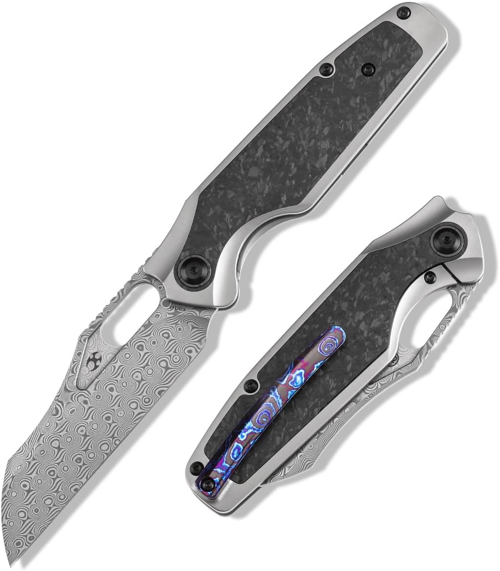 KANSEPT Tuckamore Camping Pocket Knives for Men 8.12in Folding Pocket Knives with 3.54in Damascus Material and Titanium Shred Carbon Fiber Timascus Clip Handle for Outdoor, Tactical, Survival K1052A5