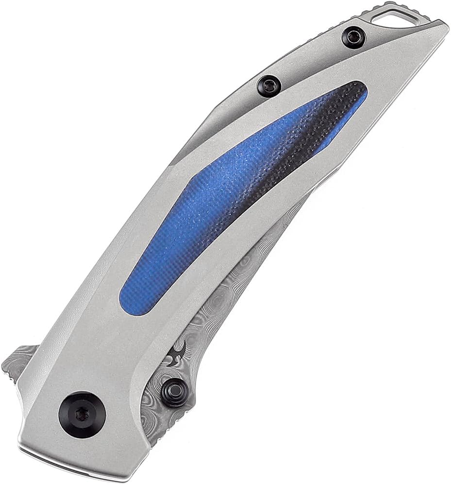 KANSEPT Baku Pocket Folding Knives for Men EDC Camping Folding Knife 3.2'' Damascus Material Outdoor Folding Knives with Titanium Blue Black G10 Inlay Handle Everyday Carry K1056A4