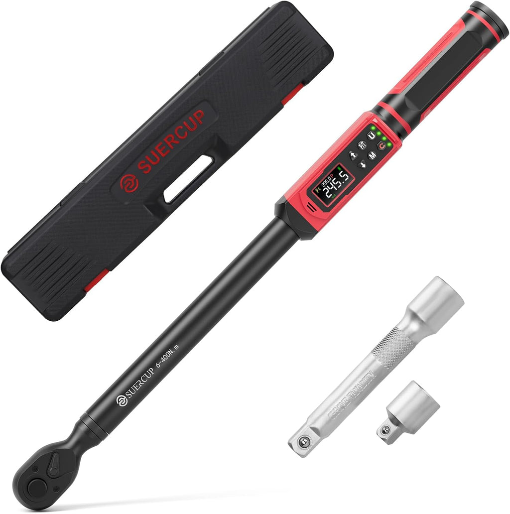SUERCUP 1/2' Digital Torque Wrench (4.4-295 Ft.lb / 6-400Nm) for Auto/Truck | ±1% Accuracy with Vibration/Buzzer/LED Alerts, 9 Presets & 5 Units, for Engine, Suspension, Trailer & Industrial Assembly