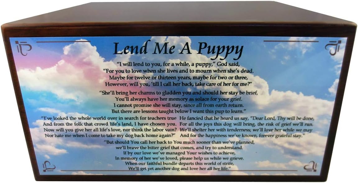 Wooden Pet Urns for Dogs with Chocolate Labrador Figurine & Poem Lend Me A Puppy | Personalized Dog Memorial Urn for Ashes | Medium Paulownia Pet Urn for Lab | Pet Memorial | Conversation Concepts