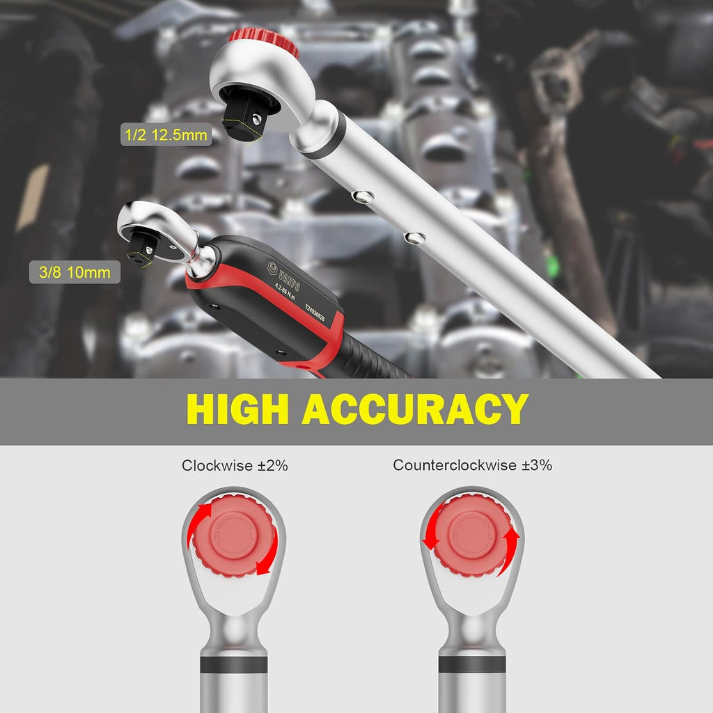 VANPO 3/8' & 1/2' Digital Torque Wrench Set, 3.1-62.7Ft.lb+14.7-295Ft.lb | 4.2-85Nm+20-400Nm, ±2% Accuracy, Preset Value, Buzzer & LED Indicator, Data Storage, for Car, Motorcycle, Truck, RV & Towing