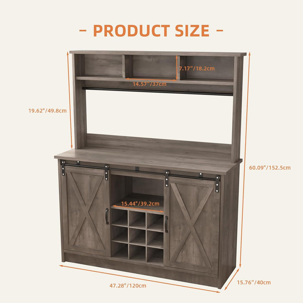 4ever2buy Farmhouse Coffee Bar Cabinet with 3 Storage Hutch, 47' Coffee Bar with Sliding Barn Doors, Hutch Cabinet with 6 Hooks & 9 Wine Racks for Dining Room, Kitchen, Wash Grey