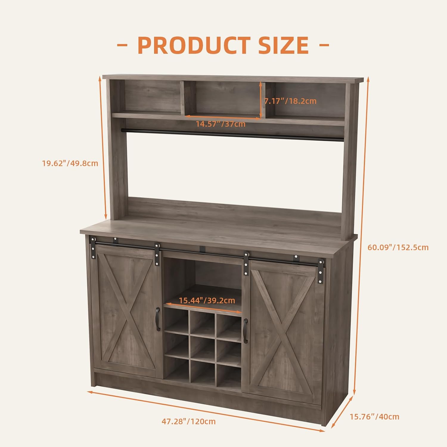 4ever2buy Farmhouse Coffee Bar Cabinet with 3 Storage Hutch, 47' Coffee Bar with Sliding Barn Doors, Hutch Cabinet with 6 Hooks & 9 Wine Racks for Dining Room, Kitchen, Wash Grey