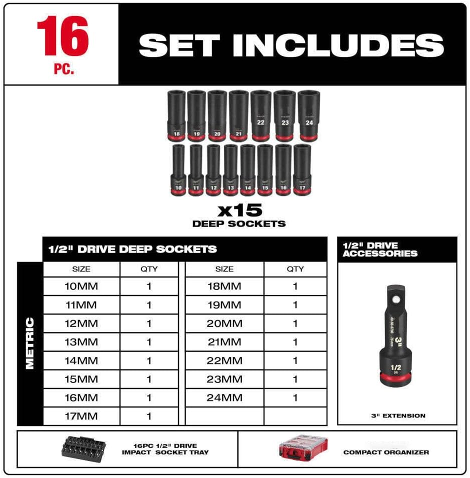 49-66-6803 Suitable for Milwaukee Shockwave Impact Duty Socket 1/2 Dr 16Pc Mm Packout Set