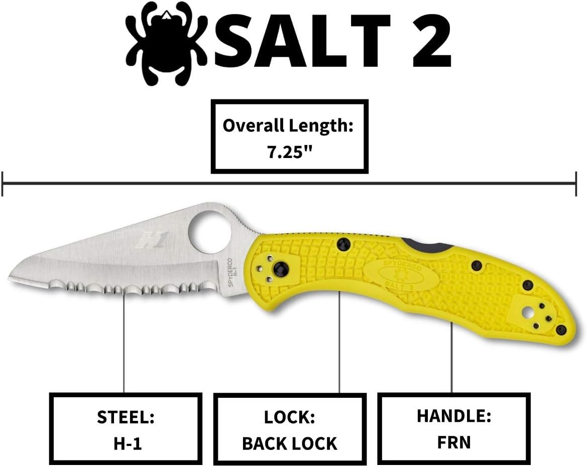Spyderco Salt 2 Lightweight Folding Knife with 3' H-2 Ultra-Corrosion Resistant Steel Blade and Yellow FRN Handle - SpyderEdge - C88SYL2