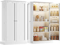 FJTJBSI 50' LED Kitchen Pantry Cabinet with 3 Adjustable Shelves and 2 Doors Wood Pantry Storage Cabinet with Handle for Kitchen Living Room and Dinning Room White