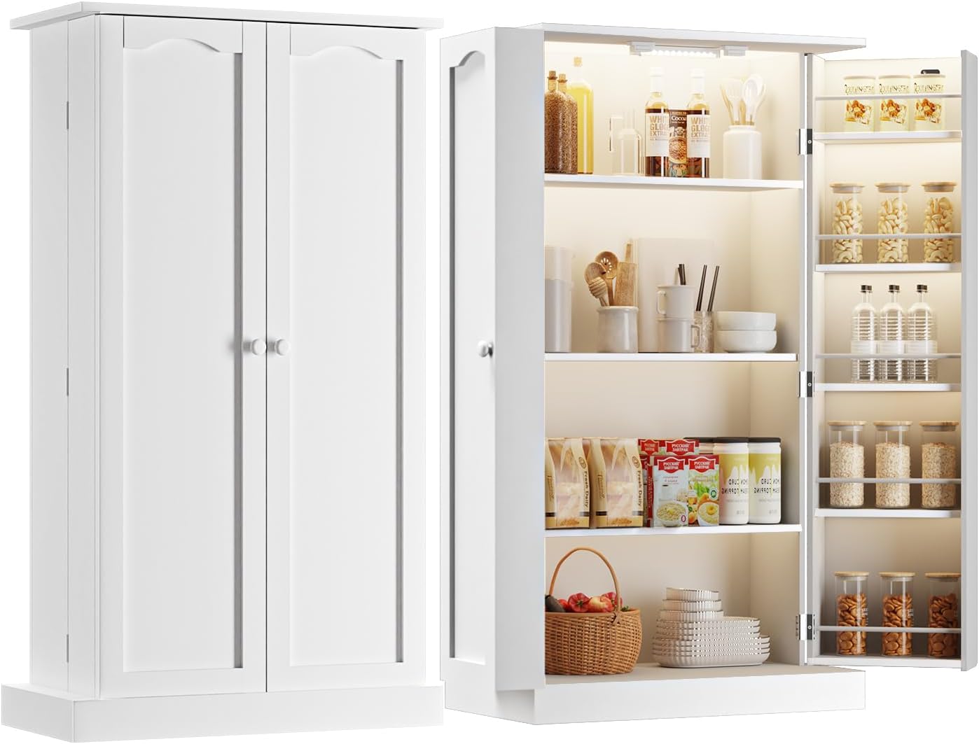 FJTJBSI 50' LED Kitchen Pantry Cabinet with 3 Adjustable Shelves and 2 Doors Wood Pantry Storage Cabinet with Handle for Kitchen Living Room and Dinning Room White