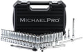MichaelPro 50-Piece 3/8'' Dr. Socket Set, 90-Tooth Standard & Deep Sockets, SAE 3/8''- 13/16'' & Metric 8-22mm, with Extensions, 8'' Flex Handle, Sliding T-Bar, Universal Joint, CR-V Steel | MP005060
