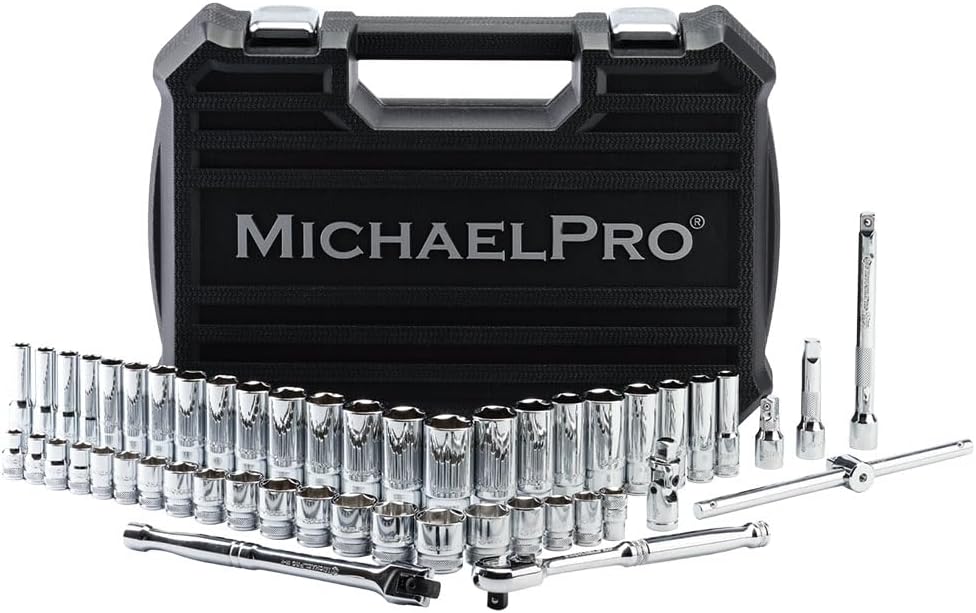MichaelPro 50-Piece 3/8'' Dr. Socket Set, 90-Tooth Standard & Deep Sockets, SAE 3/8''- 13/16'' & Metric 8-22mm, with Extensions, 8'' Flex Handle, Sliding T-Bar, Universal Joint, CR-V Steel | MP005060