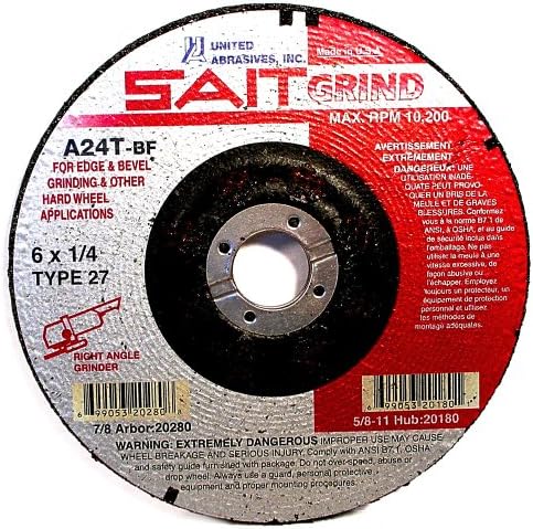 United Abrasives-SAIT 20180 A24T Tough Grind Grinding Wheel 6' x 1/4' x 5/8-11' (Type 27/Depressed Center), 10-Pack