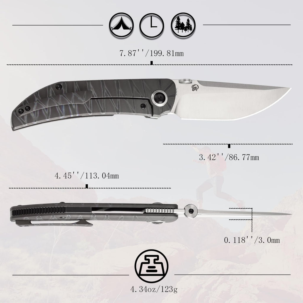 KANSEPT Tarkin Camping Pocket Knives for Men 7.87in Folding Pocket Knives with 3.42in Satin CPM20CV Material and Tiger Stripe Flamed Titanium Handle for Outdoor, Tactical, Survival K1078A3