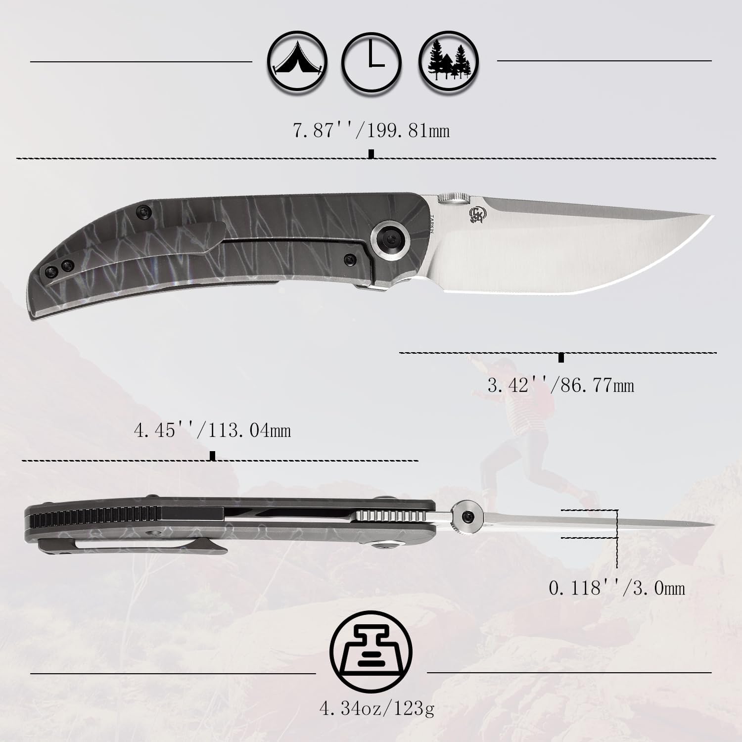 KANSEPT Tarkin Camping Pocket Knives for Men 7.87in Folding Pocket Knives with 3.42in Satin CPM20CV Material and Tiger Stripe Flamed Titanium Handle for Outdoor, Tactical, Survival K1078A3