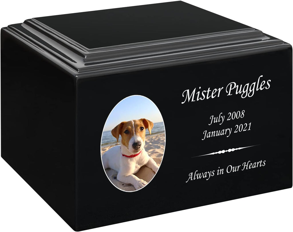 Mainely Urns Stonewood Medium Custom Pet Photo Cremation Urn for Pet Ashes - Engineered Wood Cremation Urn for Dog Ashes or Cat Ashes - 110 Cubic Inch Capacity - Customization Included (Black)