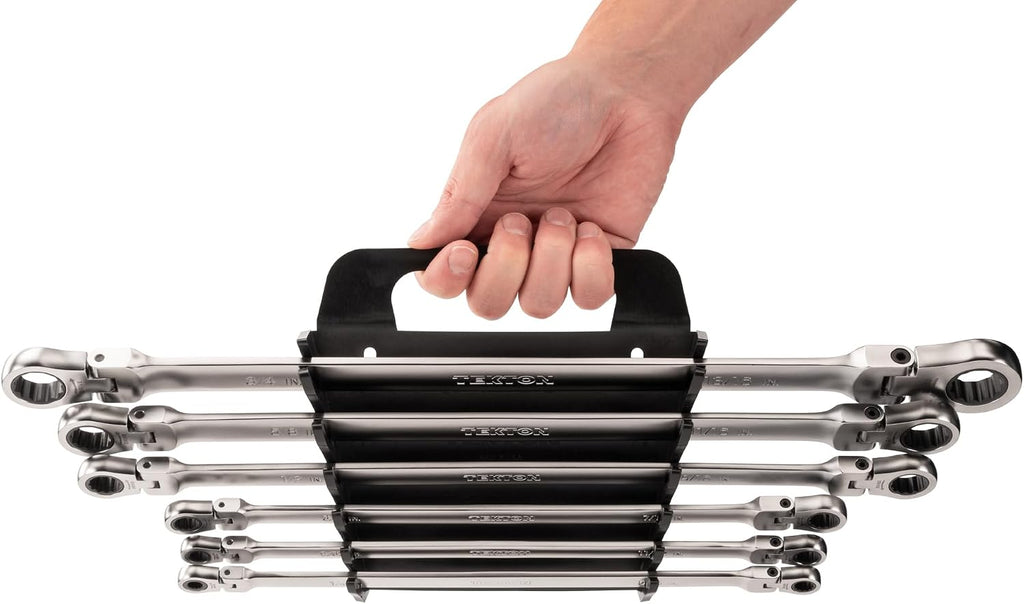 TEKTON Long Flex Head 12-Point Ratcheting Box End Wrench Set with Holder, 6-Piece (1/4-13/16 in.) | WRB96200