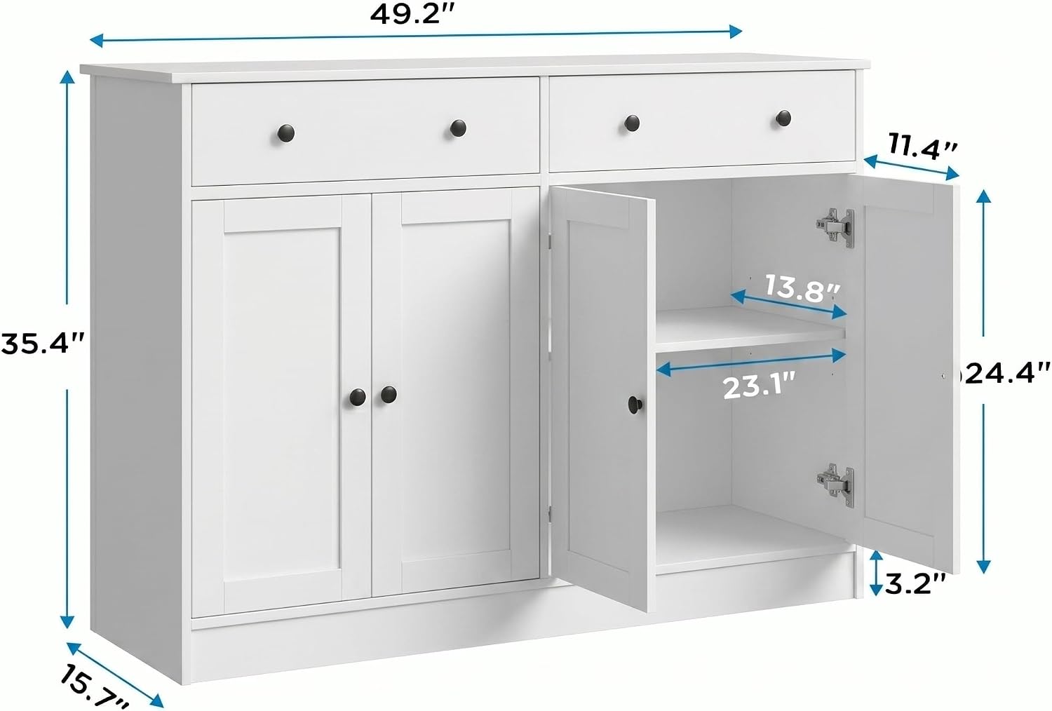 holzart 49' White Buffet Cabinet with Doors & Drawers, Modern Kitchen Storage Sideboard, Coffee Bar Console Table for Dining Room, Living Room, Entryway