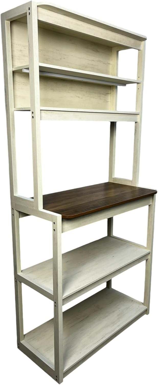 5-Tier Baker's Rack with Desk & Shelves Farmhouse Kitchen Storage Cabinet Coffee Bar Station Leaning Bookshelf Hutch Workstation Tall Shelf Office Living Room and Rustic Design White/Country Brown