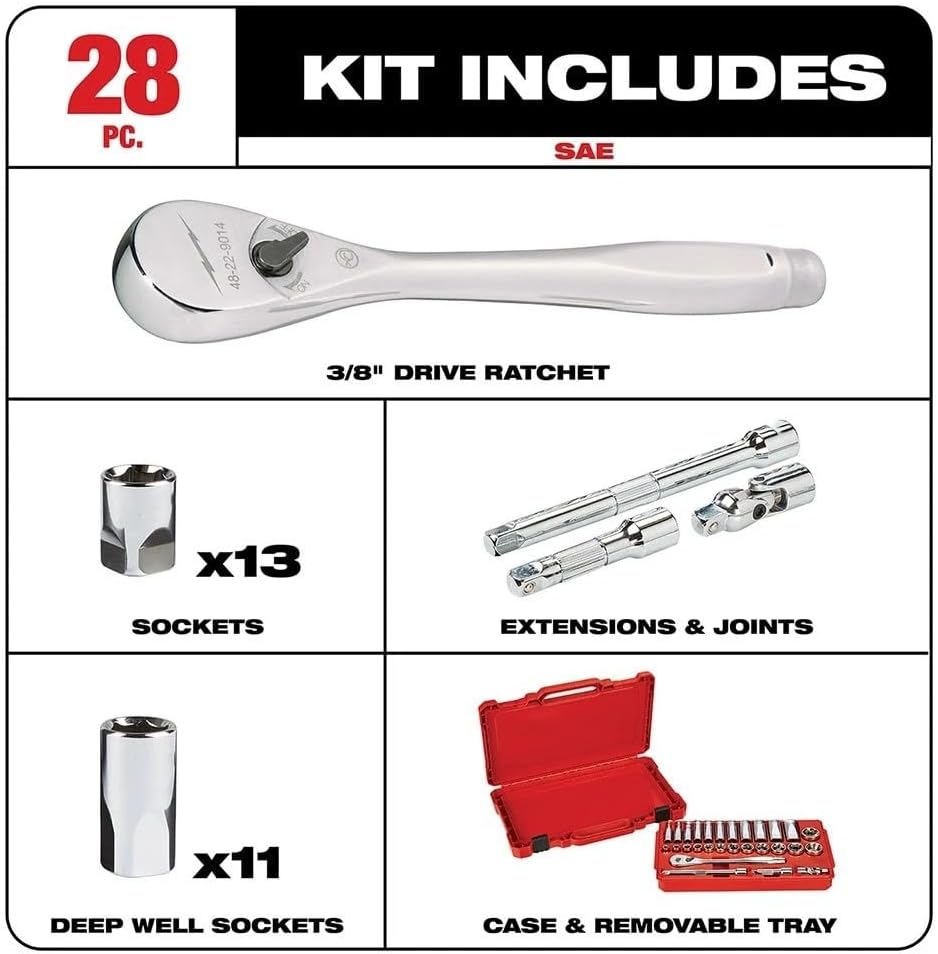 Socket and Socket Wrench Sets 48-22-9408 for Milwaukee 3/8-Inch Drive Durable Ratchet and Socket Set - 28pc 9.9 x 1.8 x 15.1 In