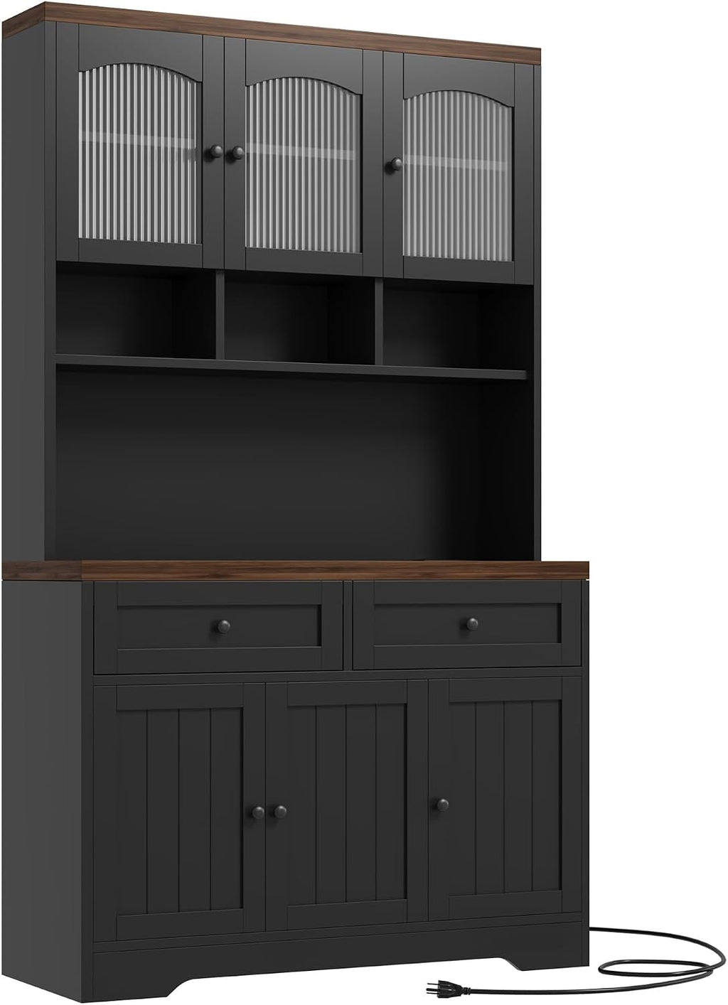 Garvee 71' Pantry Cabinet with Charging Station, Tall Kitchen Pantry Storage Cabinet with Microwave Stand, Farmhouse Kitchen Hutch with Storage Drawers for Living Room, Dining Room, Black