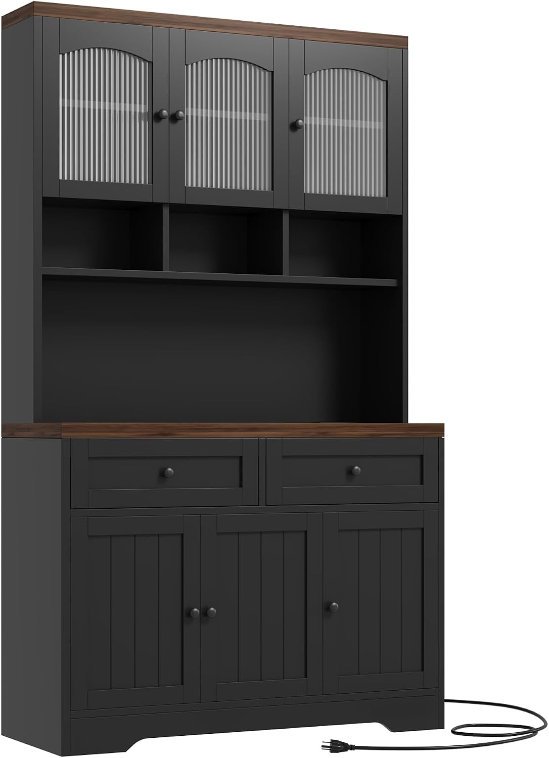 Garvee 71' Pantry Cabinet with Charging Station, Tall Kitchen Pantry Storage Cabinet with Microwave Stand, Farmhouse Kitchen Hutch with Storage Drawers for Living Room, Dining Room, Black