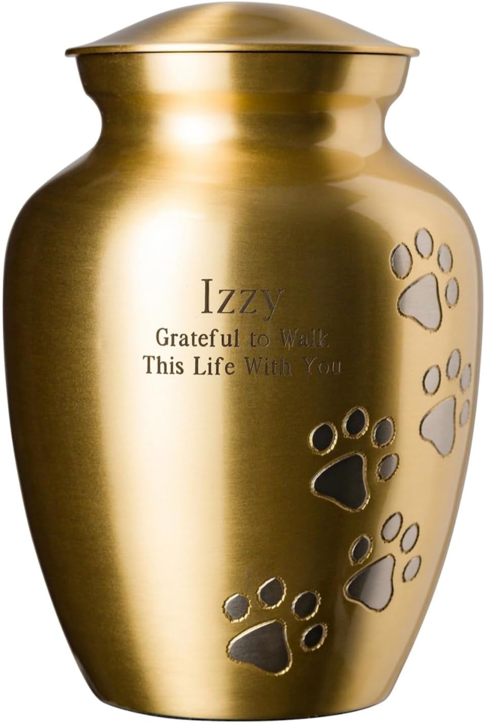 Ottillie Paws Elite Series Pet Urn for Dogs and Cats with Personalized Engraving (Small - Pets up to 25 lbs, Brass, Vertical Pewter Paws)