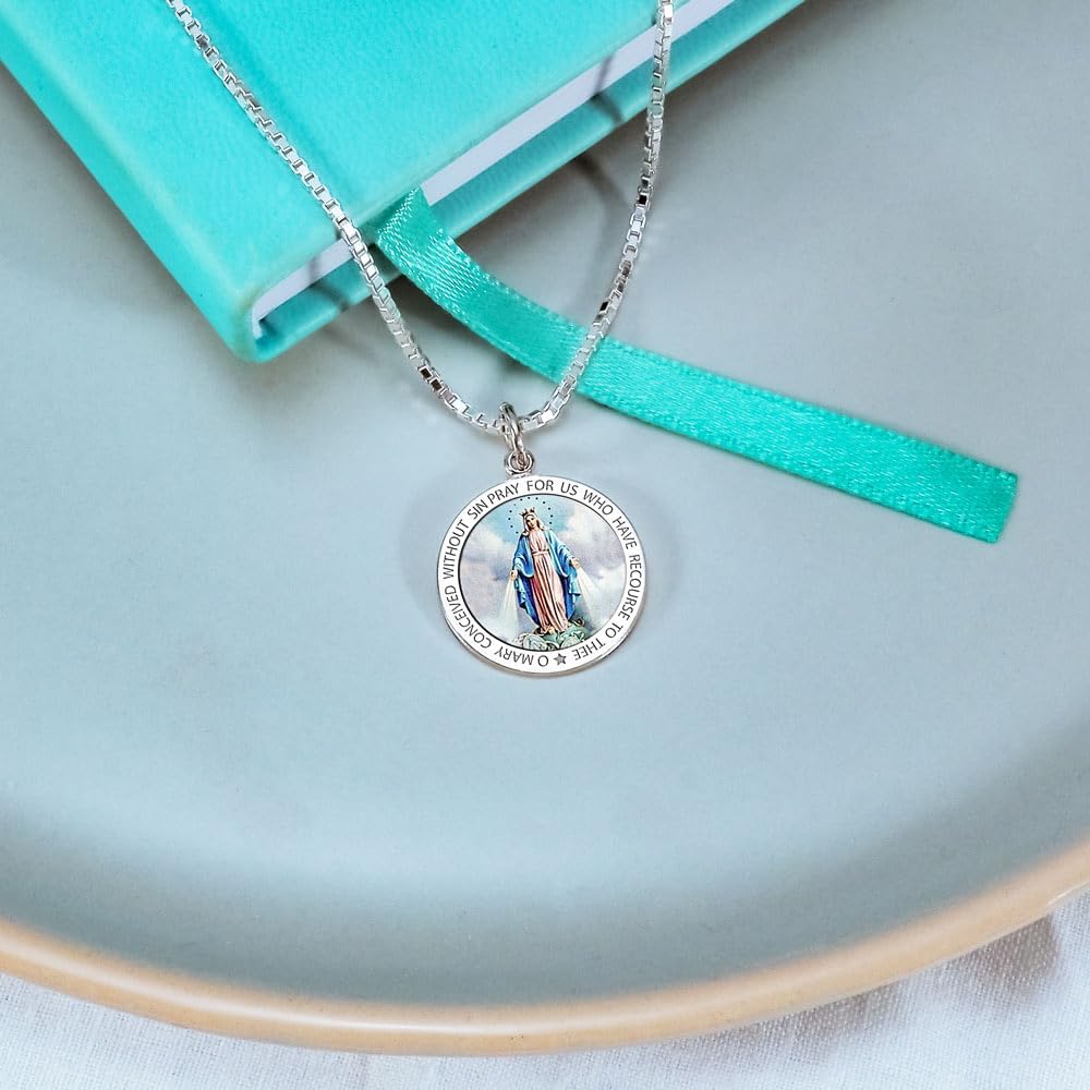PicturesOnGold.com Miraculous Medal Necklace Catholic Virgin Mary Pendant Round Pendants for Women & Men Crafted in 10K/14K Yellow or White Gold & Sterling Silver Christian Gifts for Men & Women or First Communion Gifts for Boys or Girls