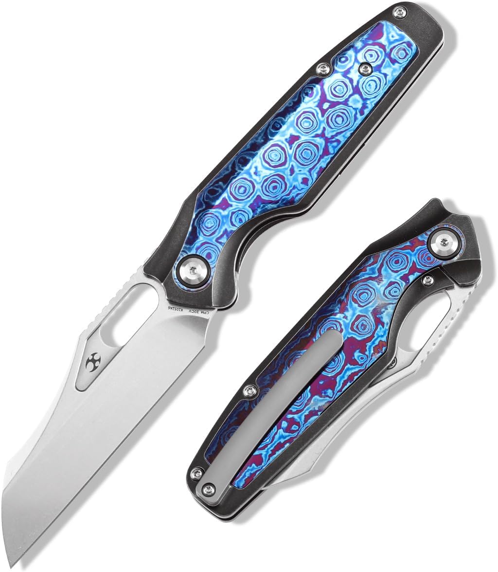 KANSEPT Tuckamore Camping Pocket Knives for Men 8.12in Folding Pocket Knives with 3.54in Stonewashed CPM 20CV Material and Blackwash Titanium Timascus Handle for Outdoor, Tactical, Survival K1052A6