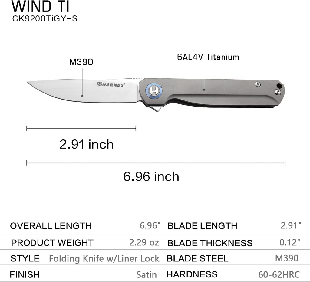 Harnds Wind Pocket Knife Flipper M390 Steel Titanium Handle Folding Knife Ball Bearing with 2-Position Clip for Camping Survival and EDC