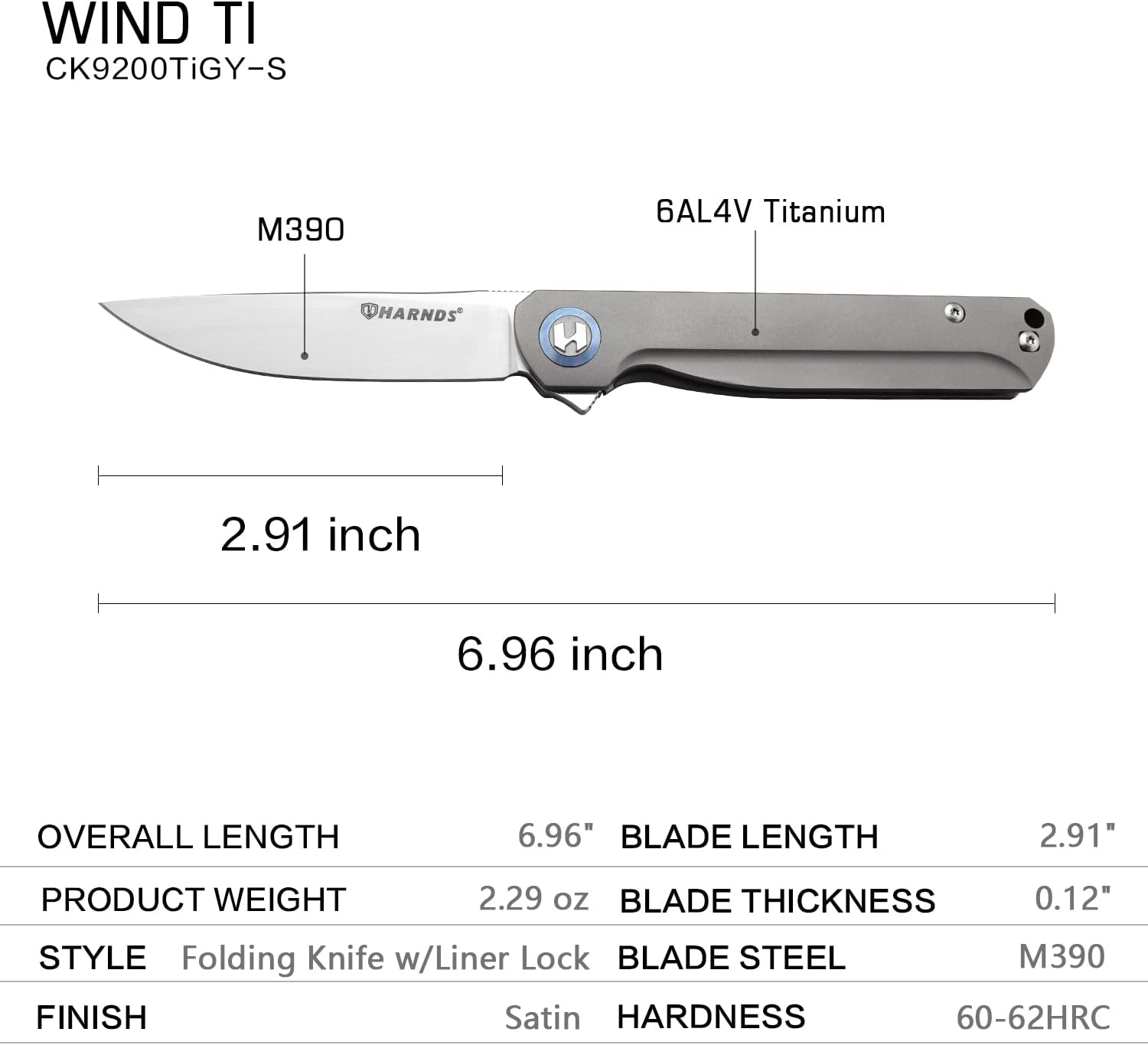 Harnds Wind Pocket Knife Flipper M390 Steel Titanium Handle Folding Knife Ball Bearing with 2-Position Clip for Camping Survival and EDC