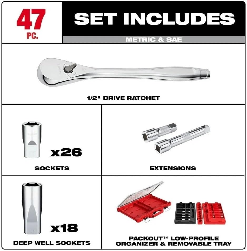 47 PC 48-22-9487 FOUR FLAT Socket Wrench Sets for Milwaukee 1/2' Drive Ratchet & Socket Set
