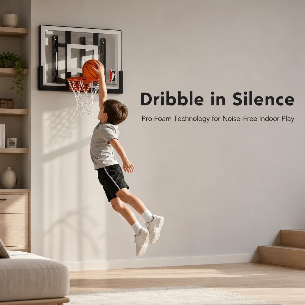 Efficraft Mini Basketball Hoop, Adjustable Indoor Wall Mount, Silent Ball | 7 Level Adjustable Height, Quiet&Bounce Dual Ball Set, Shatter Resistant pc Backboard, Spring Metal Rim, Metal Bracket