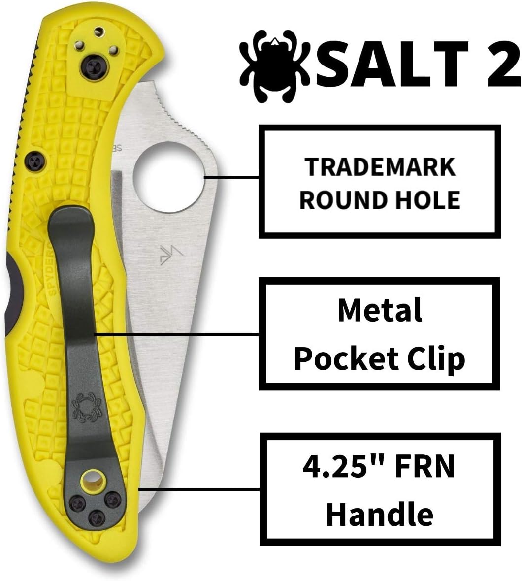 Spyderco Salt 2 Lightweight Folding Knife with 3' H-2 Ultra-Corrosion Resistant Steel Blade and Yellow FRN Handle - SpyderEdge - C88SYL2
