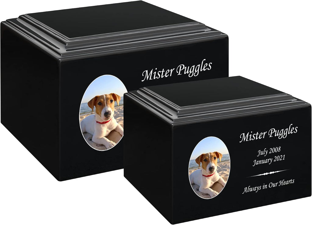 Mainely Urns Stonewood Medium Custom Pet Photo Cremation Urn for Pet Ashes - Engineered Wood Cremation Urn for Dog Ashes or Cat Ashes - 110 Cubic Inch Capacity - Customization Included (Black)