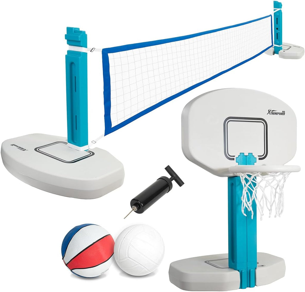XtremepowerUS 2-in-1 Pool Volleyball Set & Basketball Hoop Combo for Swimming Pool, Includes Inflator Pump, Basketball & Volleyball, HDPE Materials, Adjustable Size, Durable Outdoor Sports Equipment