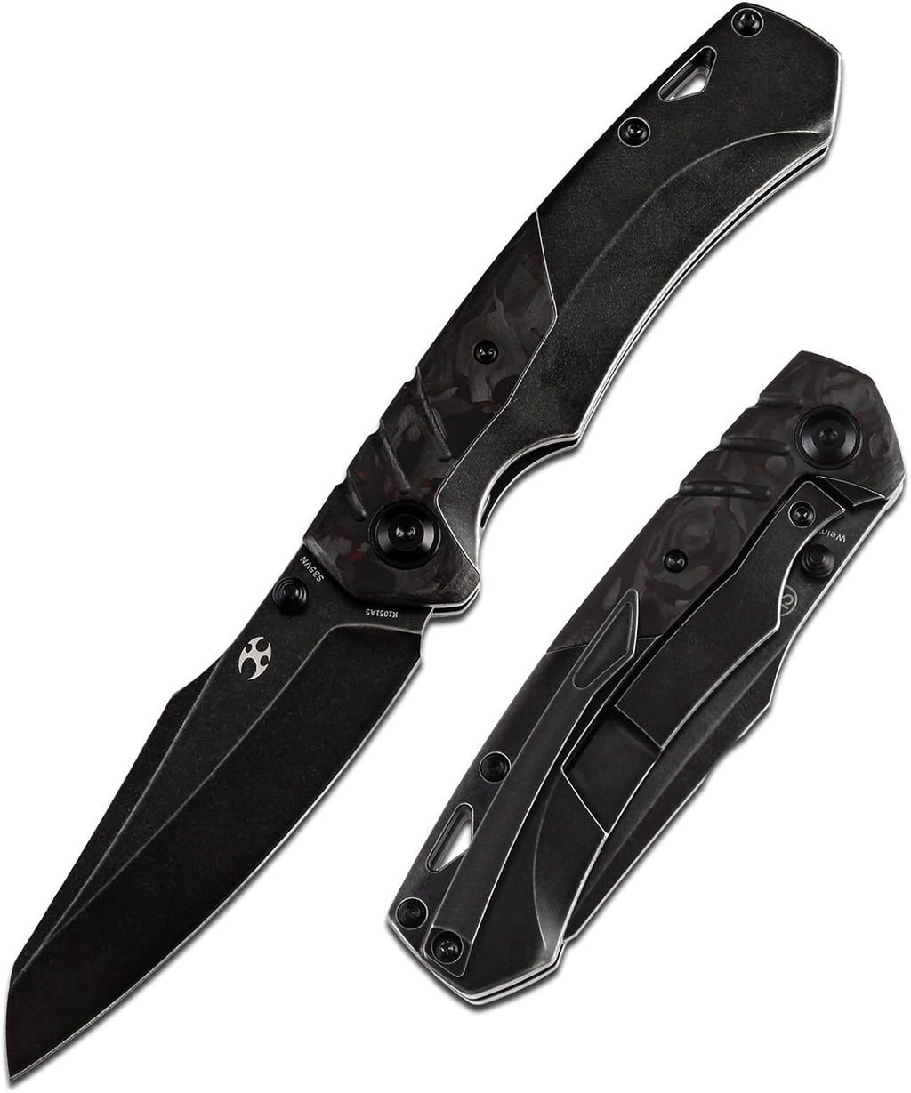 KANSEPT Weim Pocket Folding Knives for Men EDC Camping Knife 3.28'' Black Stonewashed CPM S35VN Material with Black Stonewashed Titanium + Red Carbon Fiber Handle K1051A5