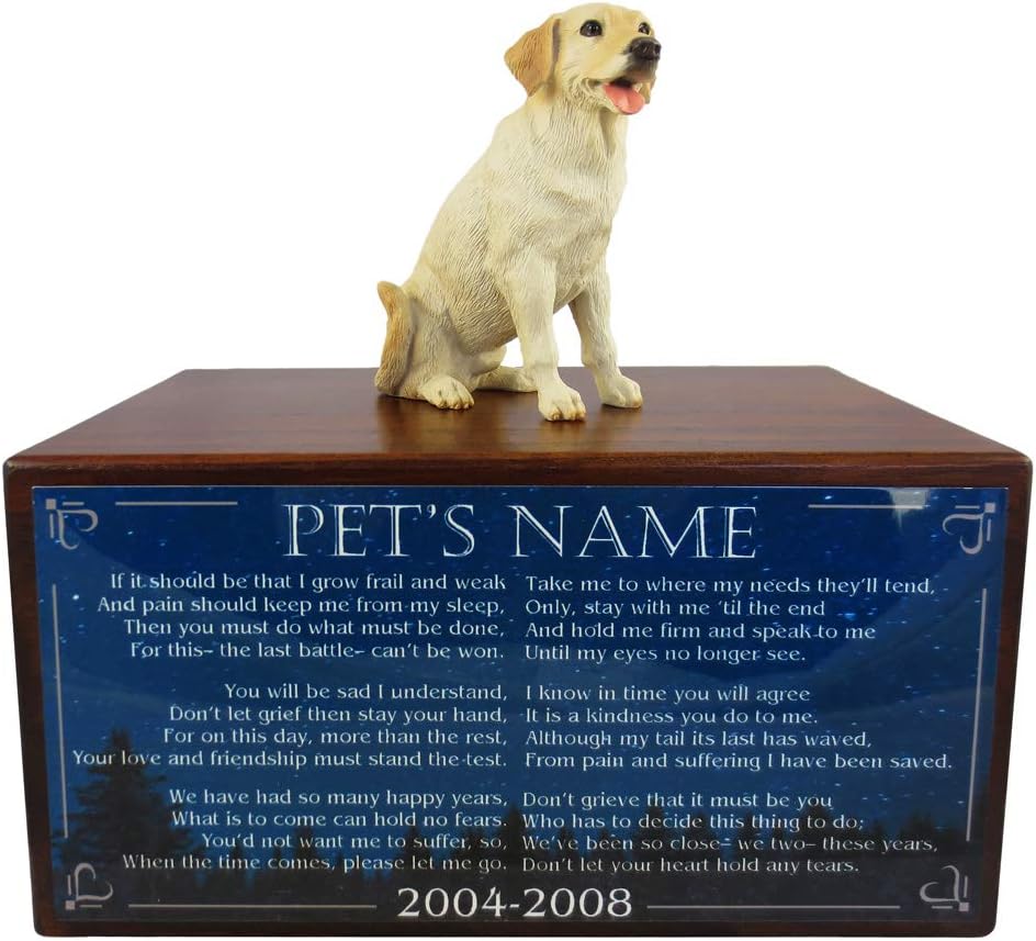 Wooden Pet Urns for Dogs with Yellow Labrador Figurine & Poem The Last Battle | Personalized Dog Memorial Urn for Ashes | Medium Paulownia Pet Urn for Lab | Pet Memorial | Conversation Concepts