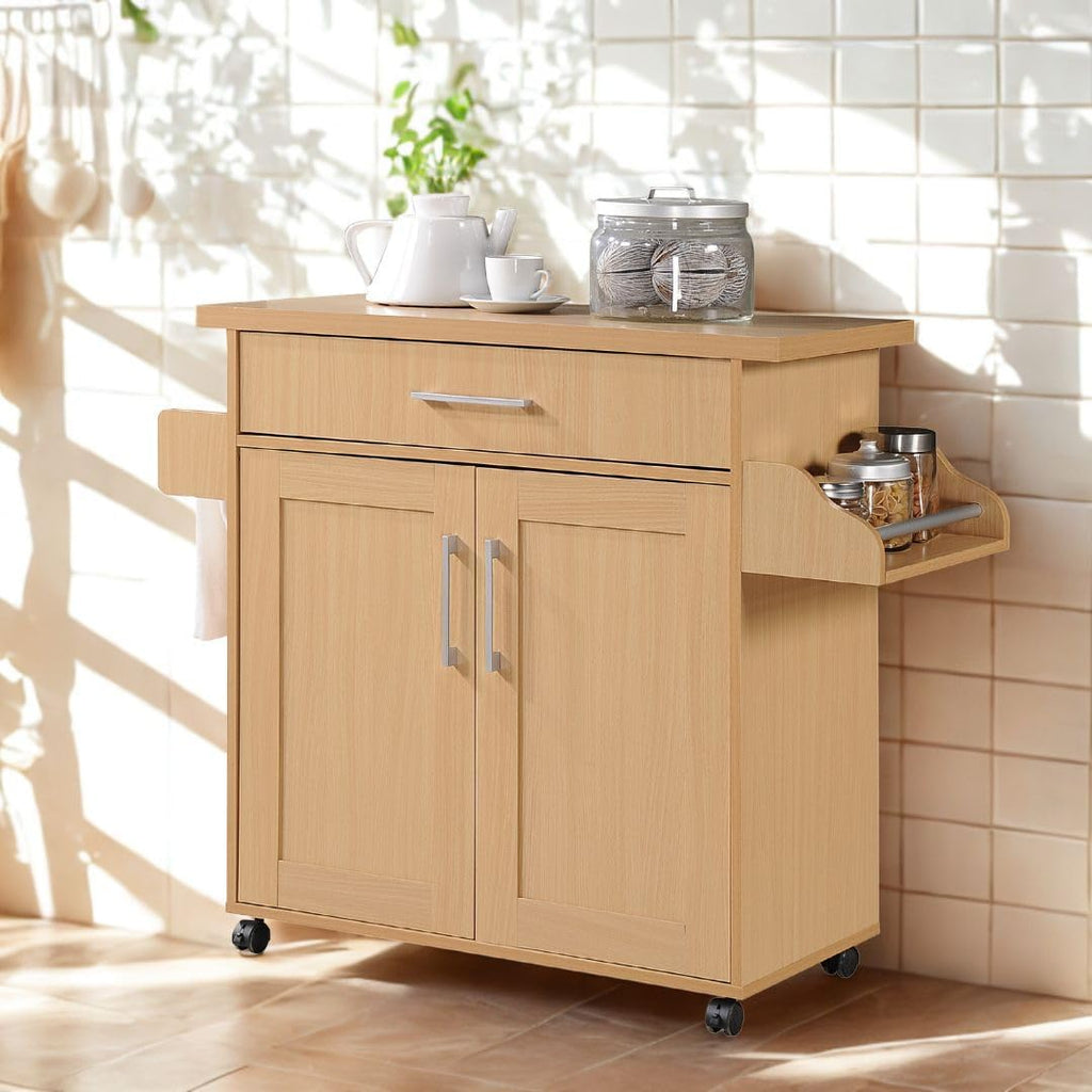 Hodedah Rolling Wood Kitchen Island Cart with Spice Rack, Towel Rack, Utensil Drawer plus Cabinet, Beech
