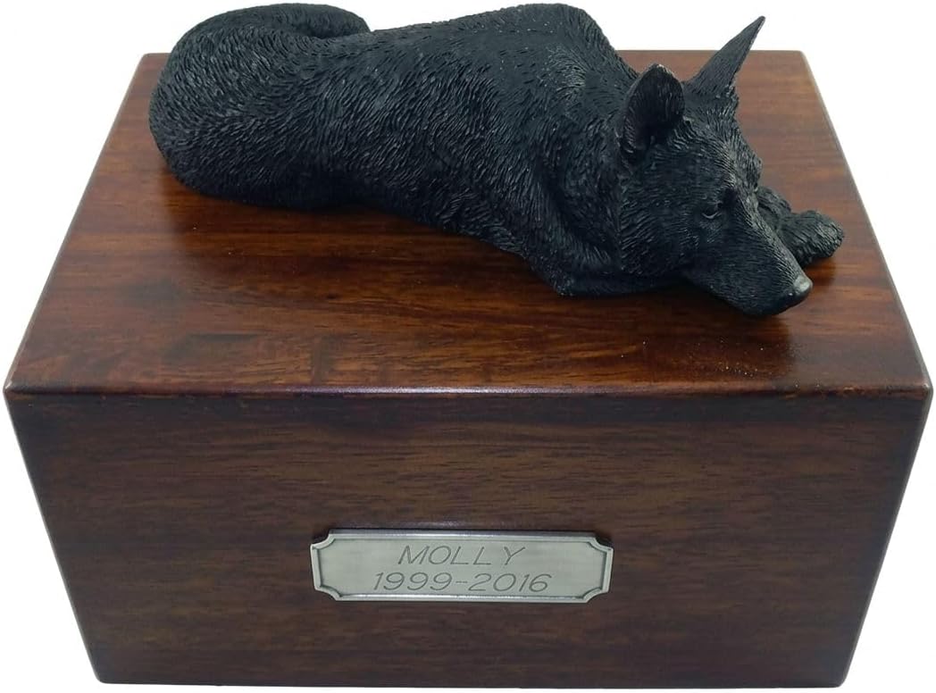 Wooden Pet Urns for Dogs with Black German Shepherd My Dog Figurine | Personalized Large Dog Urn for Ashes | Paulownia Wood Pet Memorial Box with Engraved Pewter Plaque | Conversation Concepts