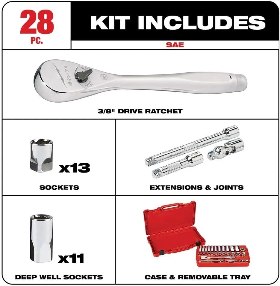 New 48-22-9408 Socket Wrench Sets for Milwaukee 3/8' Drive Ratchet and Socket Set - 28PC