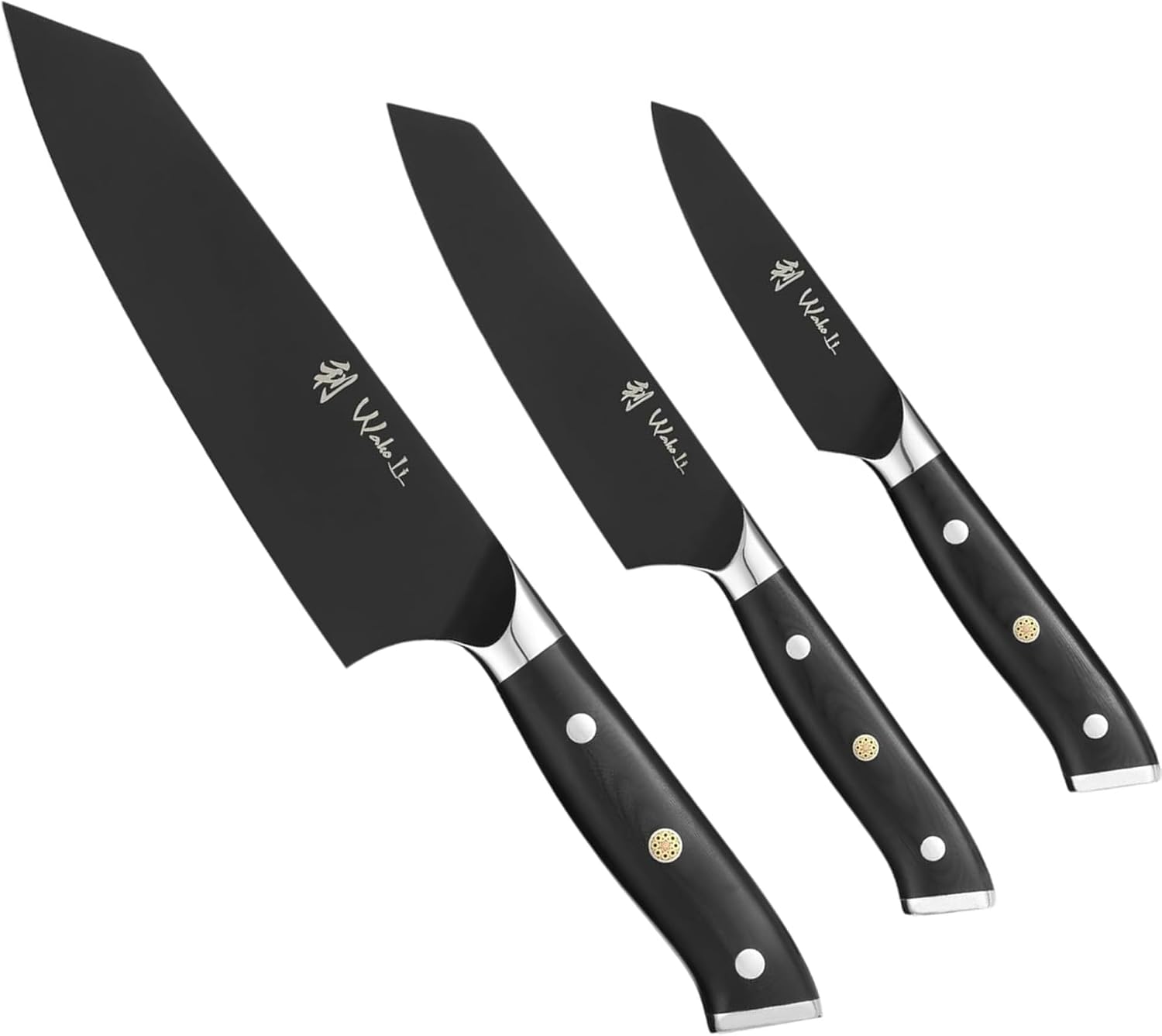 Wakoli Titanium Noir Kitchen Knife Set – 3-Piece Professional Kiritsuke Chef Knife Set | 5Cr15MoV Stainless Steel Blades with Black Titanium Coating | Ergonomic G10 Handles | Wooden Gift Box