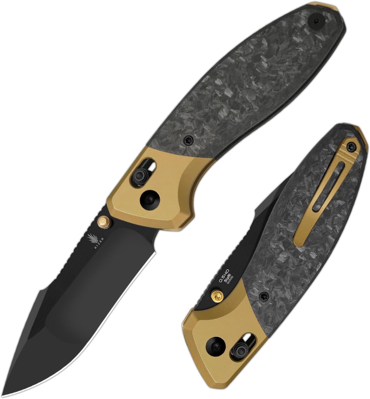 Kizer Staffi Pocket Knife, 3.32' S45VN Folding Knife with Black & Gold Titanium Carbon Fiber Handle, Clutch Lock EDC Knives with Reversible Pocket Clip for Men Women Ki3695A1
