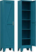COFaR 67'' Tall Narrow Bathroom Storage Cabinet, Metal Farmhouse Skinny Pantry Cabinet with 4 Adjustable Shelves and One Door, Slim Cabinet Storage for Kitchen Laundry, 5-Tier Peacock Blue