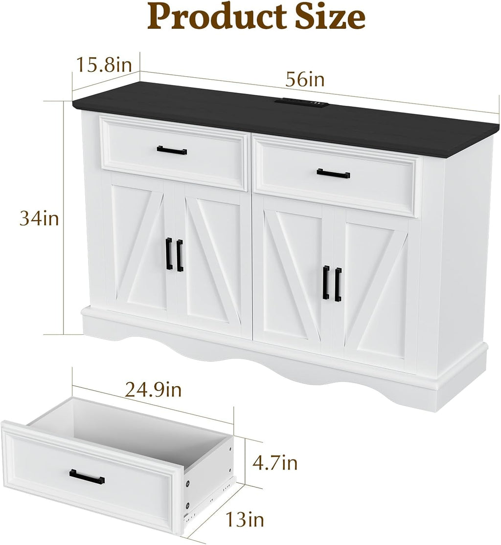 56' Modern Farmhouse Sideboard Buffet Cabinet with 4 Doors and 2 Drawers, Kitchen Storage Cabinet with Adjustable Shelves, Coffee Bar with Charging Station for Living Room, White