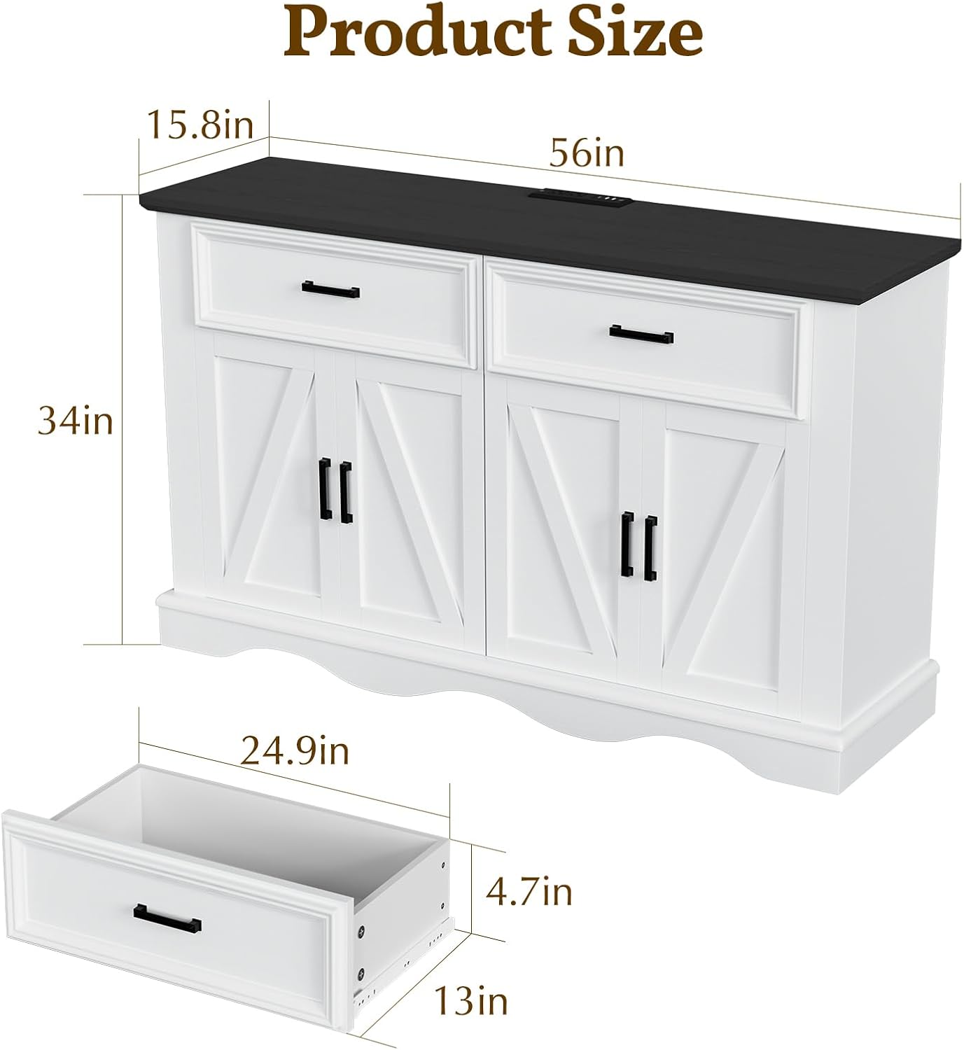 56' Modern Farmhouse Sideboard Buffet Cabinet with 4 Doors and 2 Drawers, Kitchen Storage Cabinet with Adjustable Shelves, Coffee Bar with Charging Station for Living Room, White
